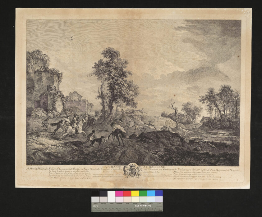 La Chasse al Italienne / Jagd nach italienischer Art, Hund und Hirsche