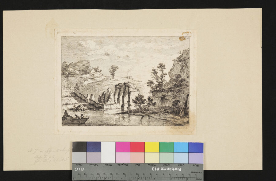 "Folge von 10 Landschaften", Nr. 7, Landschaft mit Wasser und Ruinen