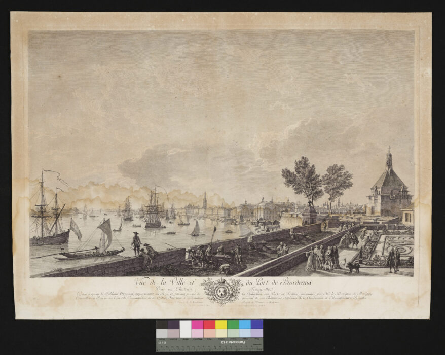 "Sammelmappe,  Die großen Prospecte der Seehäfen Frankreichs, Hafenansichten, Seestücke", Nr. 10, Bordeaux, Hafen und Schloss