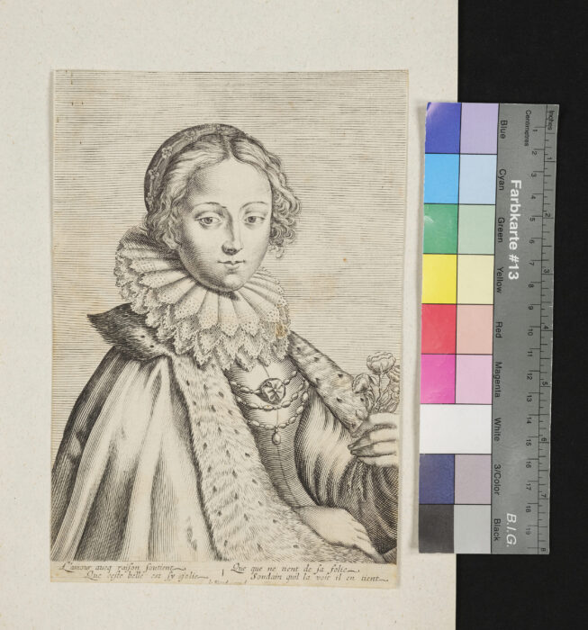 "Serie von 23 Portraits., Frau mit Pelzumhang und Rosen