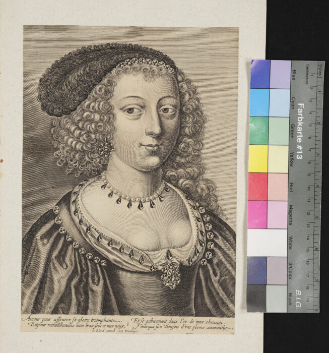 "Serie von 23 Portraits., Frau mit Feder im Haar