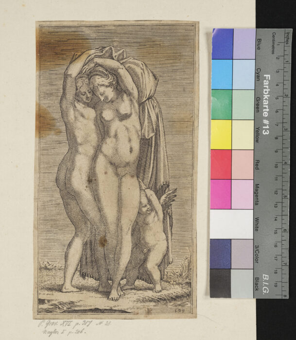 Zwei nackte Nymphen und ein Amor