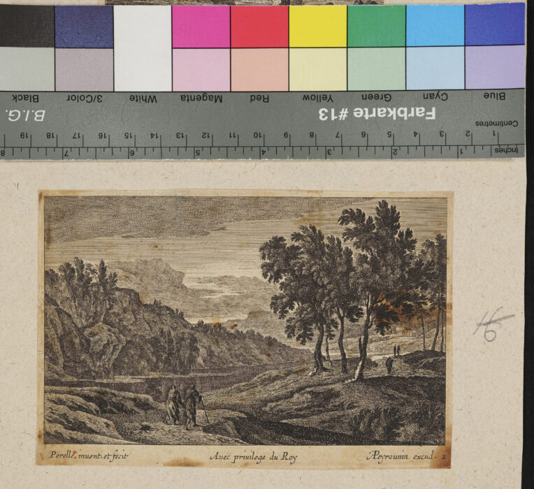 "8 Blätter verschiedene Landschaften", Nr.2, Landschaft mit Baumgruppe und Wanderern