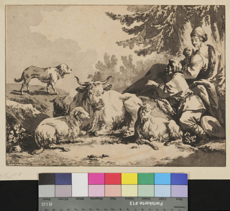 Erstes und Zweites Pastorales, Kuh, Schafe, Hund, Hirtenpaar