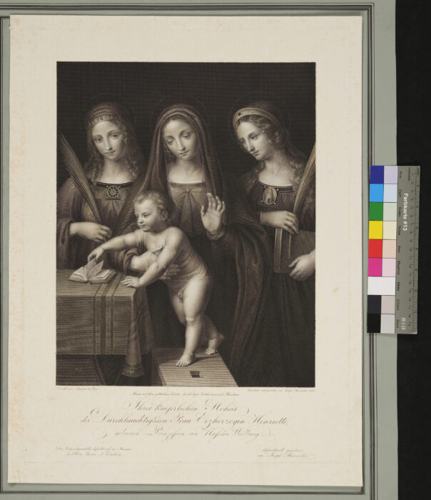 Maria mit dem Kinde, Jesus in einem Buch blätternd, Heilige Katharina und Barbara