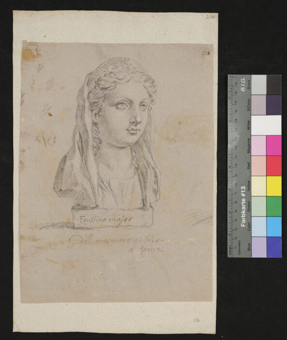 Büste der Faustina (Beschriftet: Faustina major aus marmora antica a Roma), Rückseit: Studienkopf