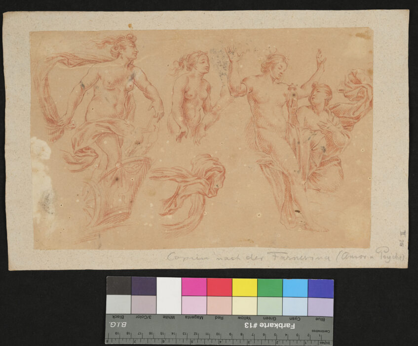 Venus in einem Wagen stehend, eine weibliche Halbfigur, Psyche überreicht Venus eine Phiole mit Wasser