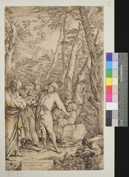 Diogenes wirft die Trinkschale weg, als er einen Knaben aus der hohlen Hand trinken sieht