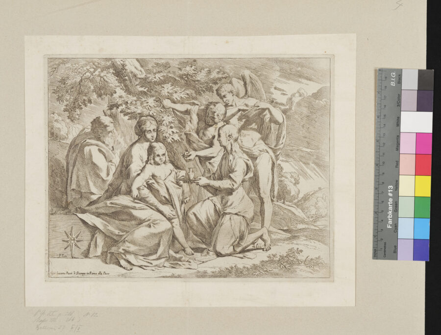 Maria und Joseph mit dem Kinde am Baume sitzend, von 3 Engeln bedient