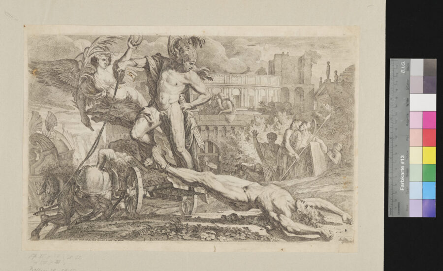 Achilles schleppt den Hector um die Mauern von Troja