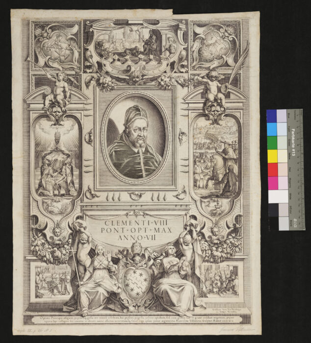 Papst Clemens VIII. Büste in oval, mit embelmatischen Figuren und historischen Szenen