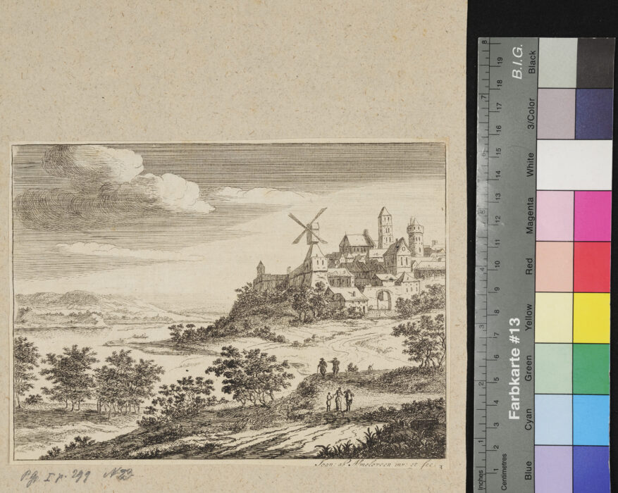 6 Blätter, Folge von Landschaften, Landschaft mit Windmühle und Stadt