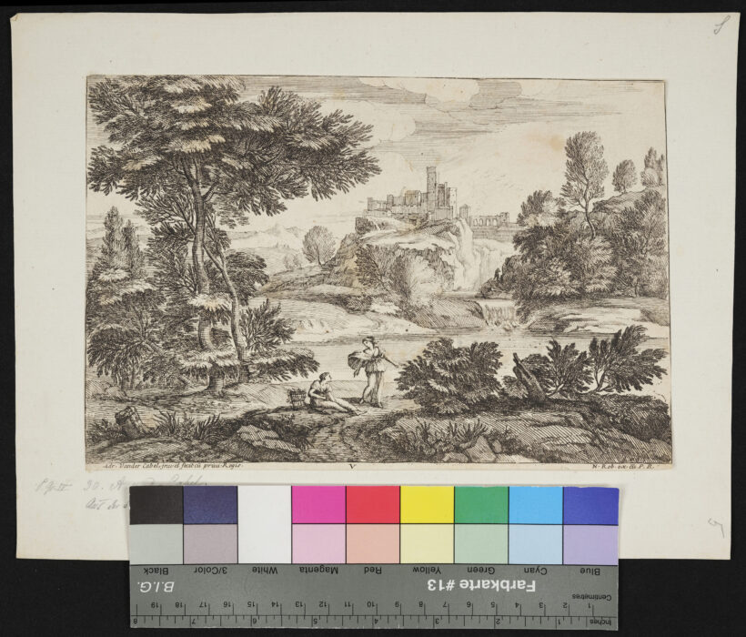 Nr. 30 aus der 5. Folge von 6 Landschaften, ursprünglich Nr. 5, 2 Frauen und Burg am Fluss