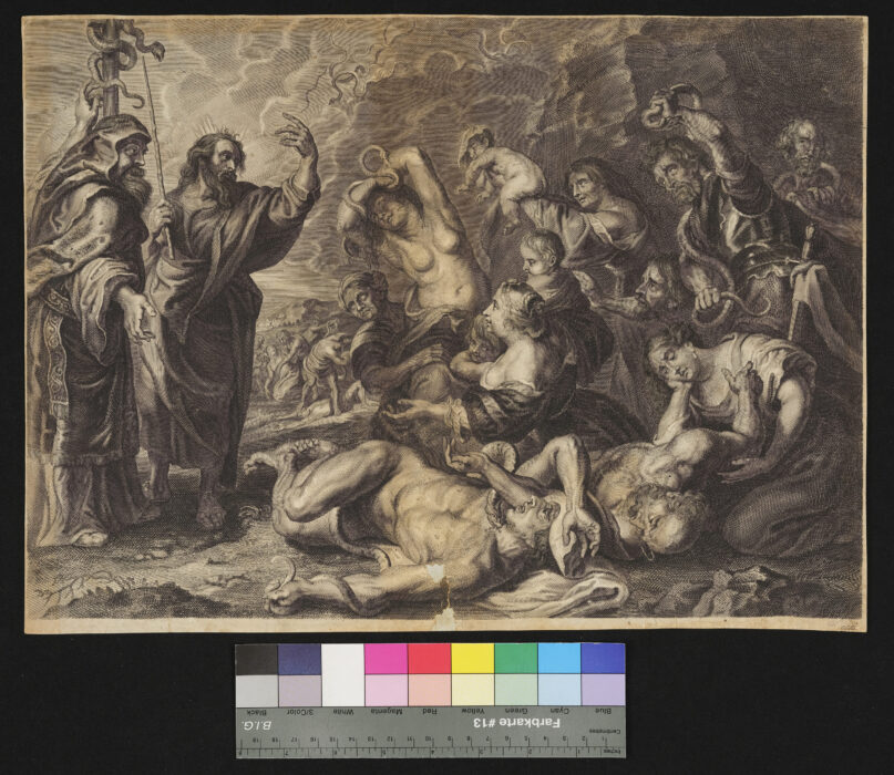 4 Blätter aus den "Imagines Saraphicae", Moses und die Schlangenplage