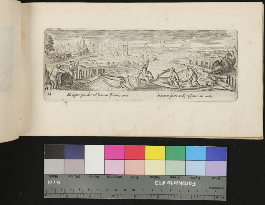 "Venationis, Piscationis etc.", Lachsfang mit Reusen
