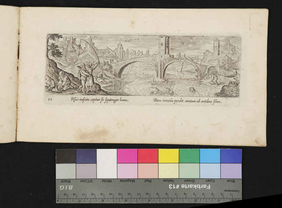 "Venationis, Piscationis etc.", Flussfischerei mit Angeln und Netzen, Brücke