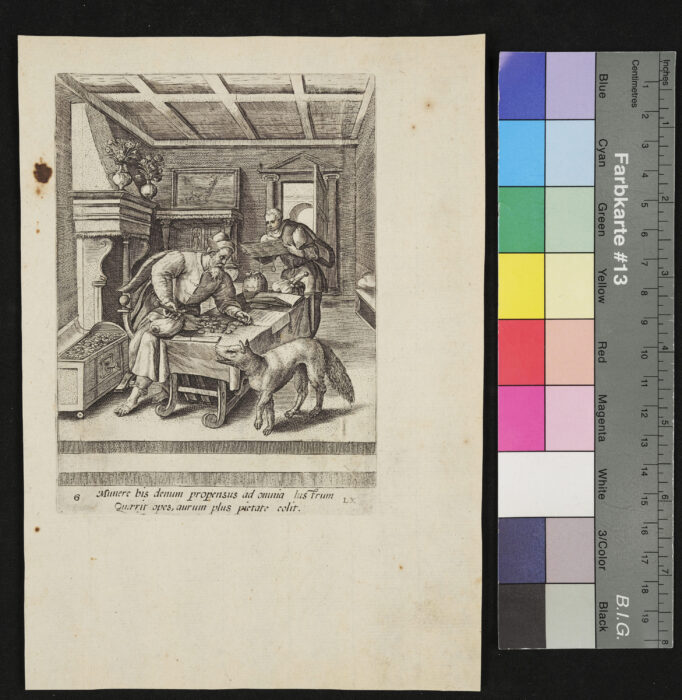 "Speculum Vitae", Mann mit Tisch und Geldstücken, "Banca"