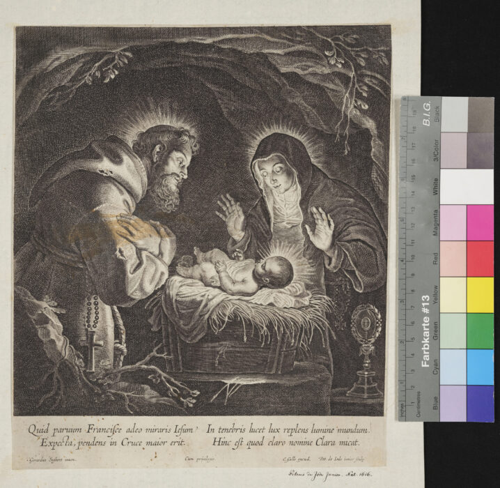 S. Franciscus und Clara verehren das Kind in der Krippe