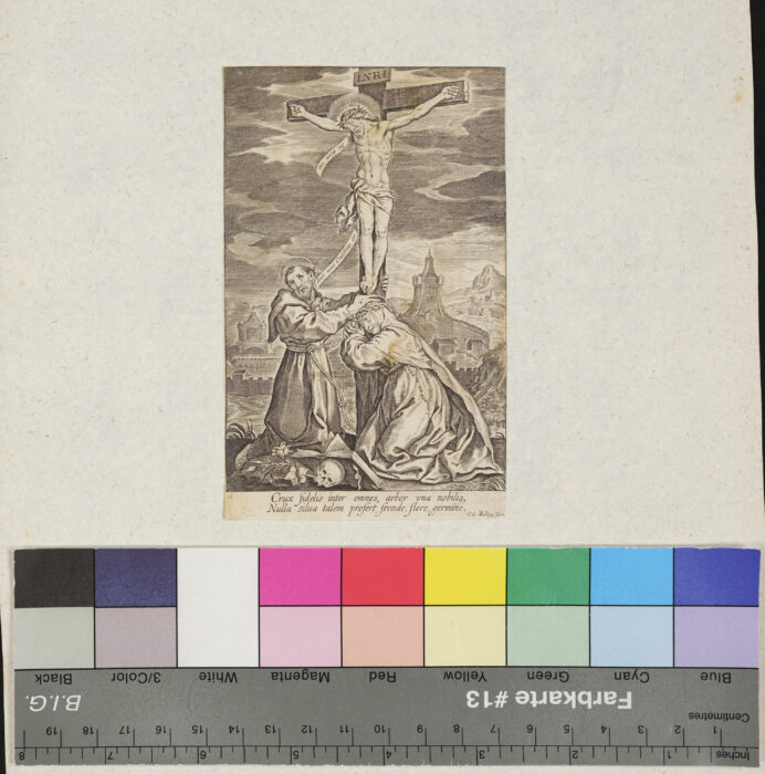 Christus am Kreuz, unten der Hl. Franciscus und Theresia ?