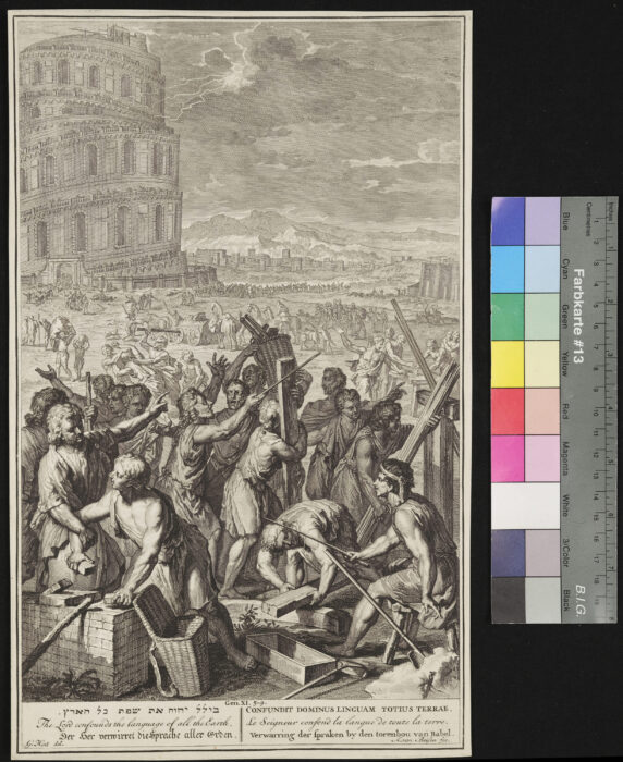 Turmbau zu Babel, Gen 11,5-9, Unterschriften in 6 Sprachen, Hebräisch