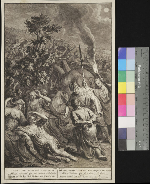 Abraham befreit Lot, Gen 14,14-16, Unterschriften in 6 Sprachen, Hebräisch
