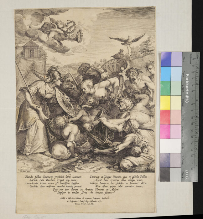 Allegorisches Blatt, Minerva als Schützerin gegen Venus und Bacchus