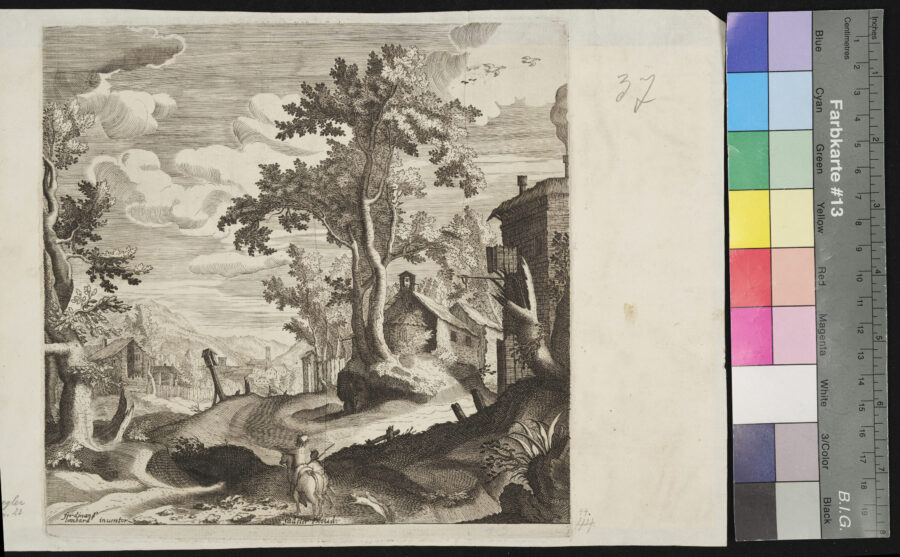 "Folge von 6 Blättern, Landschaftsdarstellungen", Wald, Gebäude, Reiter