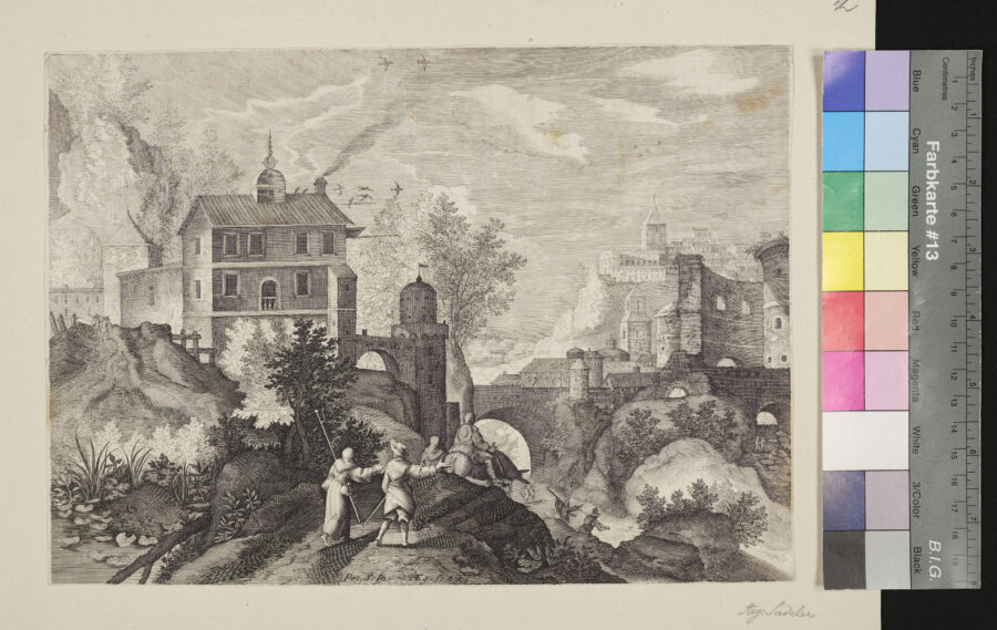 Landschaft mit Wanderer, im Hintergrund Stadt mit Brücke