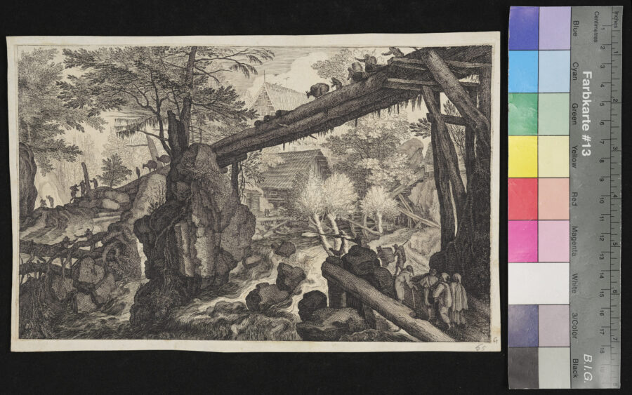 "5 Blätter, Diverse Landschaften", Gebirgslandschaft mit Brücke