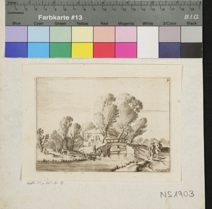 "Landschaften, Eine nummerierte Folge", Landschaft mit Brücke und zwei Wanderern