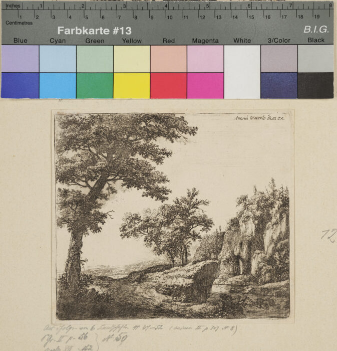 Landschaft, Felsen, Mann sitzend mit Hund, Baum