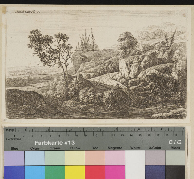 "Folge von 6 Landschaften", Hügel, Felsen, Wanderer