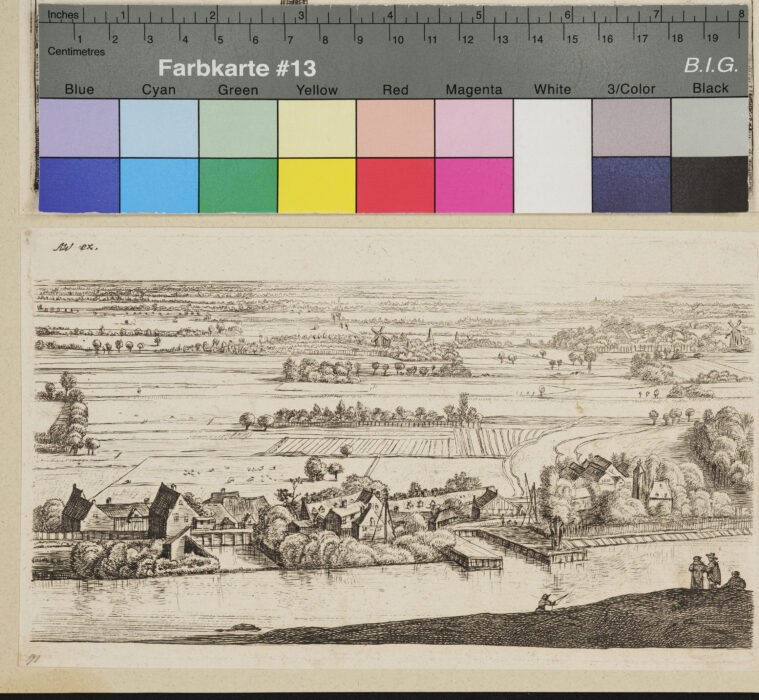 "Folge von 6 Landschaften", Fluss, Häuser, Flachland