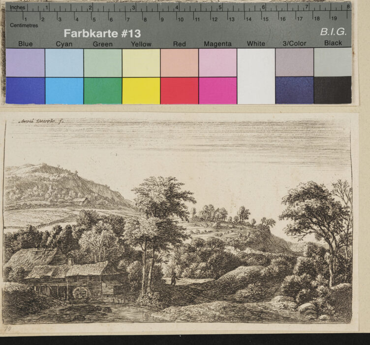 "Folge von 6 Landschaften", Wassermühle, Bäume