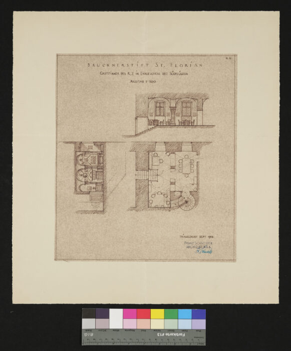 Grundriß und Zeichnung des Gastzimmers der Südseite im Ergeschoß St. Florian 1942