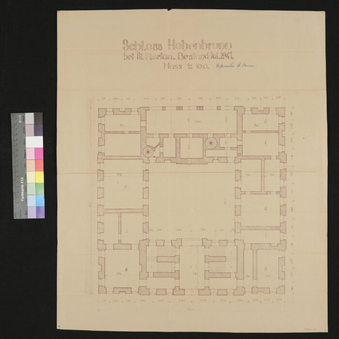 Schloß Hohenbrunn Vorderansicht + Grundriß 1950