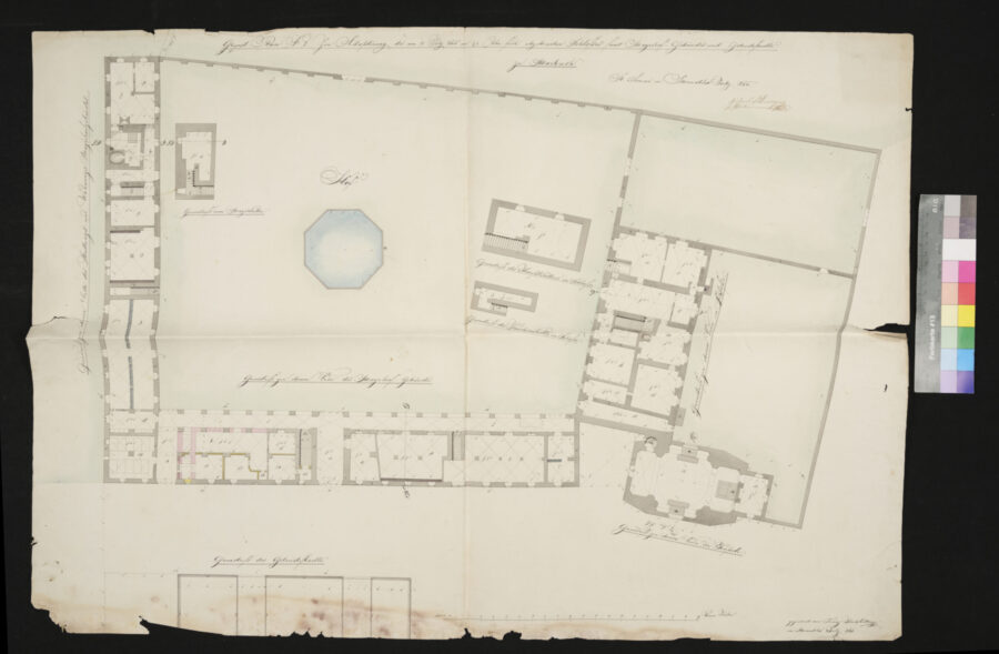 Grundplan Nr. 1 zur Adaptierung und Wiederherstellung des abgrebannten Schlosses samt Meierhofgebäudes und Getreidestadels zu Marbach 1844