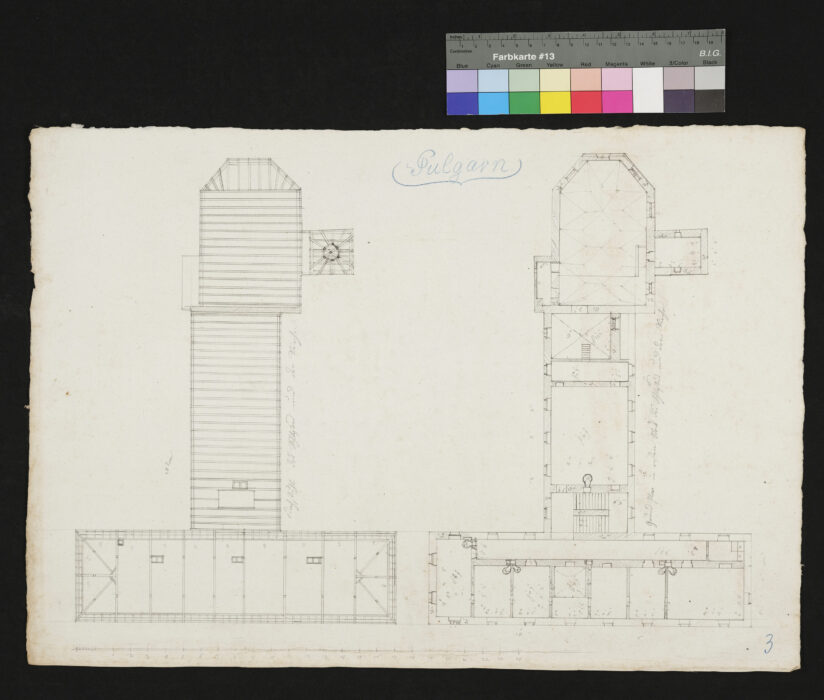 Grundplan des 1. Stockes und Dachstuhles von Pulgarn 1848