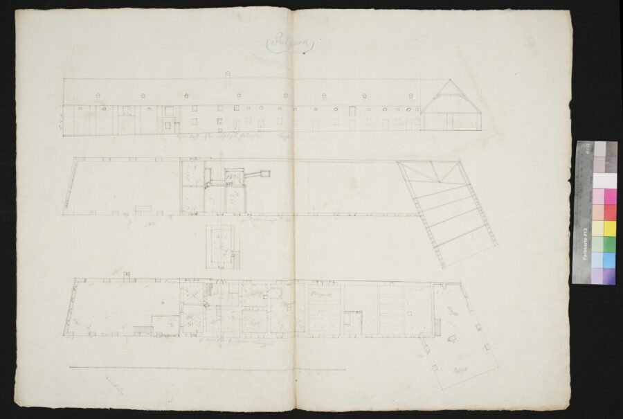 Außenansicht und Risse des Bräuhauses von Pulgarn 1848