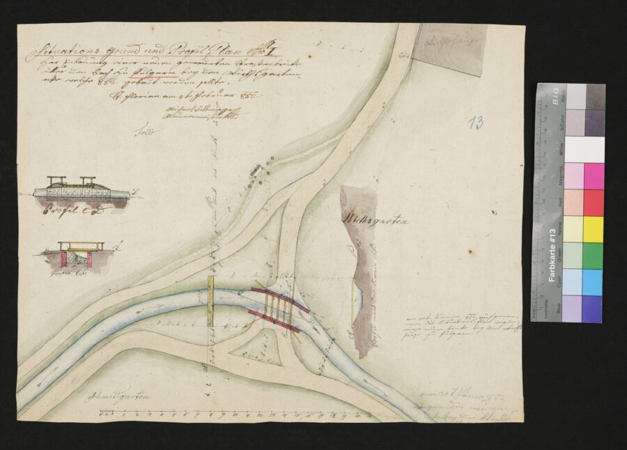 Situationsplan für eine gemauete Straßenbrücke bei Pulgarn 1852