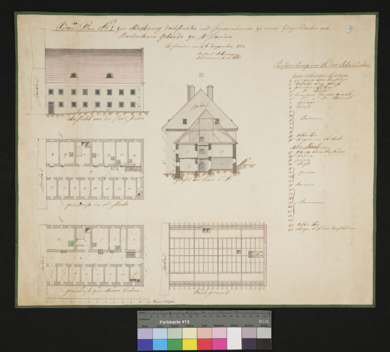 Plan für ein Ziegeldach und Feuermauern am Spitalsgebäude 1843 St. Florian