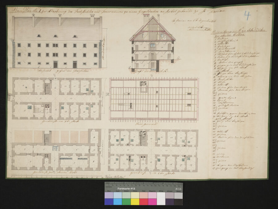 Plan für ein Ziegeldach und Feuermauern am Bruderhaus 1843 St. Florian