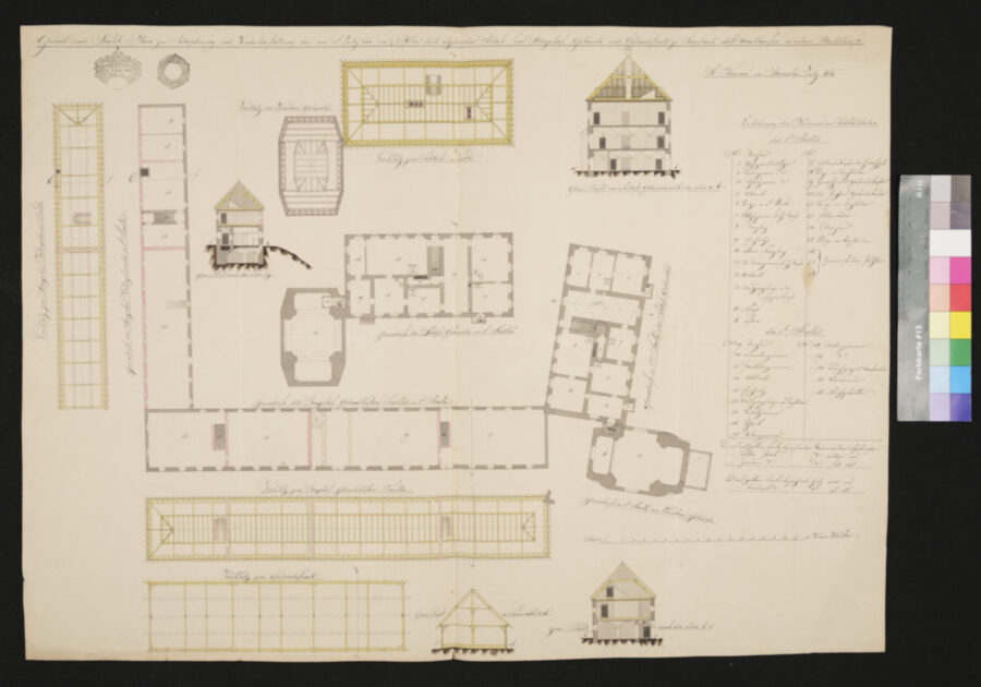 Grund und Profilplan zur Adaptierung und Wiederherstellung des abgrebannten Schlosses samt Meierhofgebäudes und Getreidestadels zu Marbach 1844