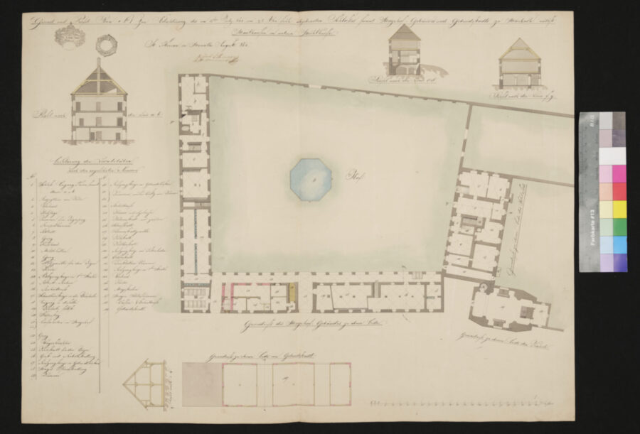 Grund und Profilplan zur Adaptierung und Wiederherstellung des abgrebannten Schlosses samt Meierhofgebäudes und Getreidestadels zu Marbach 1844