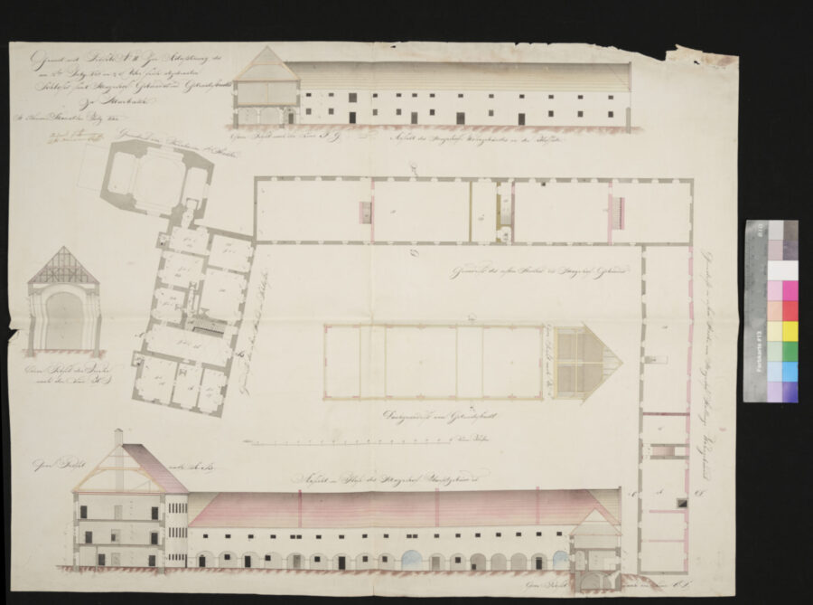 Grund und Profilplan zur Adaptierung und Wiederherstellung des abgrebannten Schlosses samt Meierhofgebäudes und Getreidestadels zu Marbach 1844