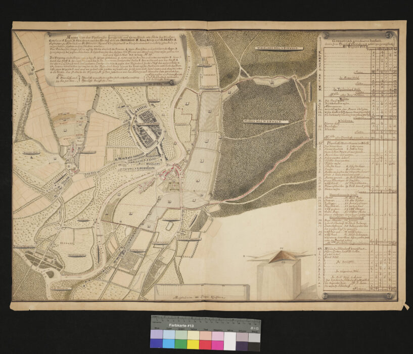 Mappa über Fischwasser, Landgericht und Grundstücke des Pfarrhofes Vöcklabruck 19.10.1747