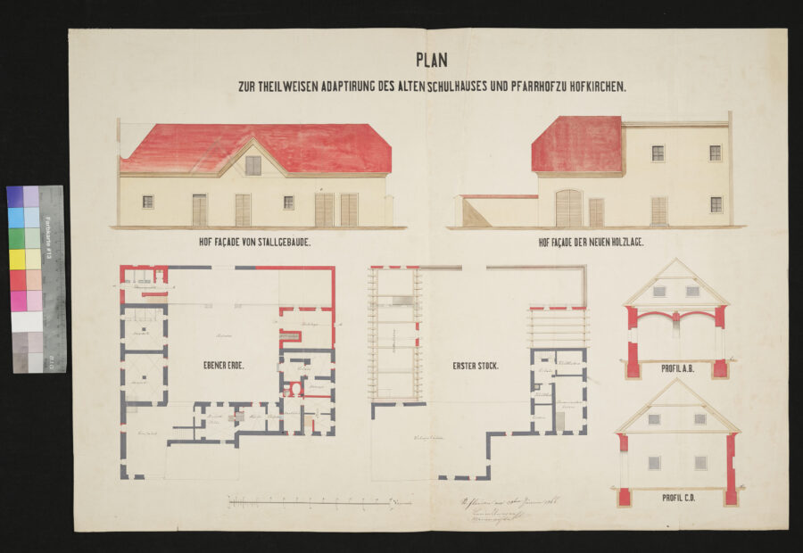 Plan zu teilweisen Adaptierung des alten Schulhauses im Pfarrhof zu Hofkirchen 20.1.1866
