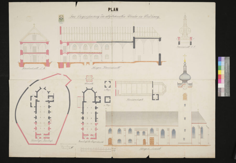 Pläne zur Herstellung des abgebrannten Kirchturmes 6.5.1873 Windhaag