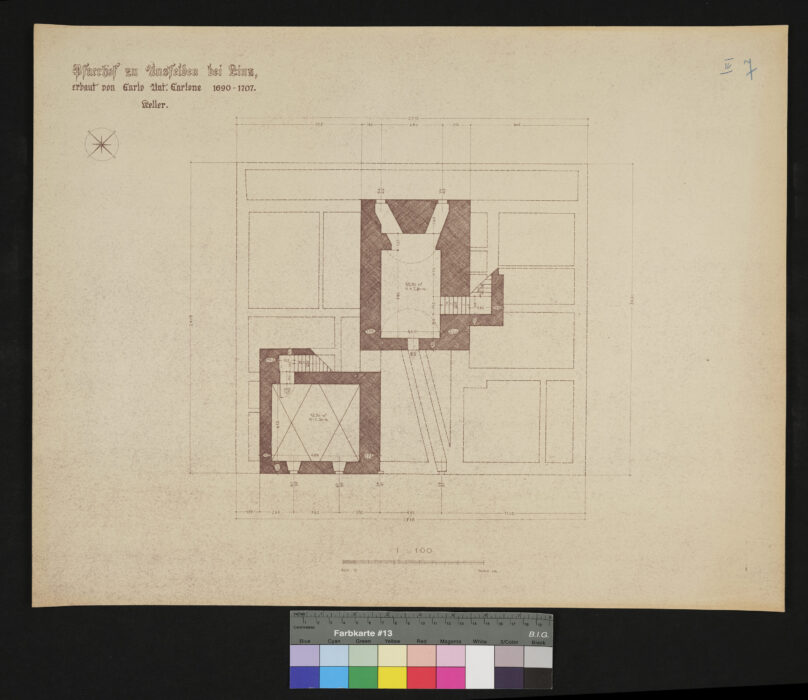 Bauaufnhame des Pfarrhofes Ansfelden, erbaut von C. A. Carlone 1690-1707 Grundriß Keller