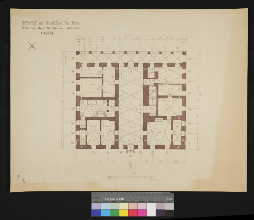 Bauaufnhame des Pfarrhofes Ansfelden, erbaut von C. A. Carlone 1690-1707 Grundriß Erdgeschoß